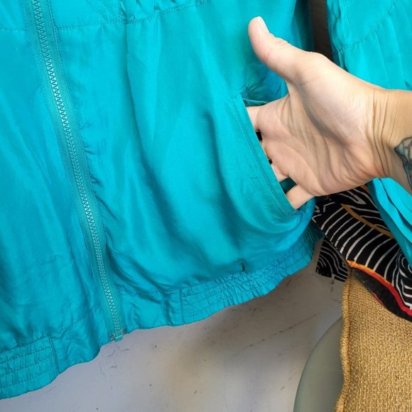 Vintage 90's 100% Silk Bright Turquoise Full Zip Retro Athleisure Jacket - Picture 5 of 16